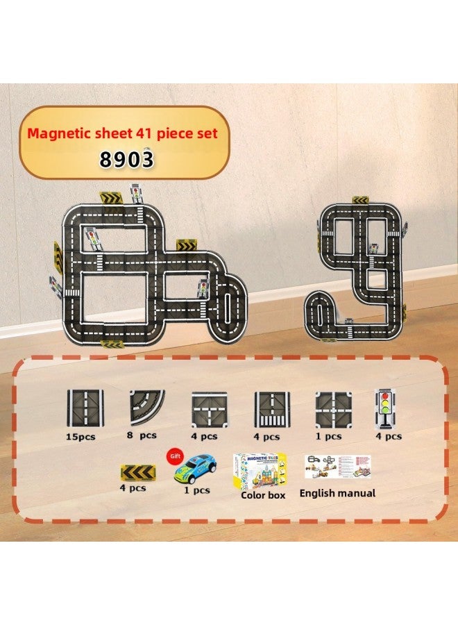 Color Window Magnetic Sheet Track Ball Slide Children's Pipe Toy Magnetic Block Patch Magnetic Sheet Color Window-Color:8903--town Road-41pcs  - Image 1