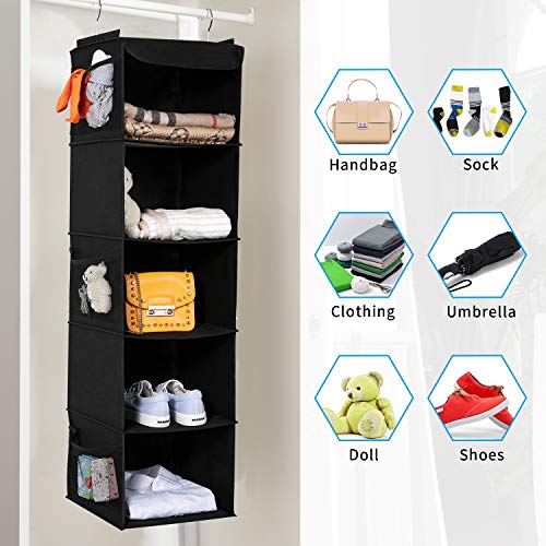 BrilliantJo 2 Pack Hanging Closet Organizer, 5 Shelves Hanging Storage with 6 Side Pockets for Clothes Shoes, 43"x12"x12"(Black) - Image 5