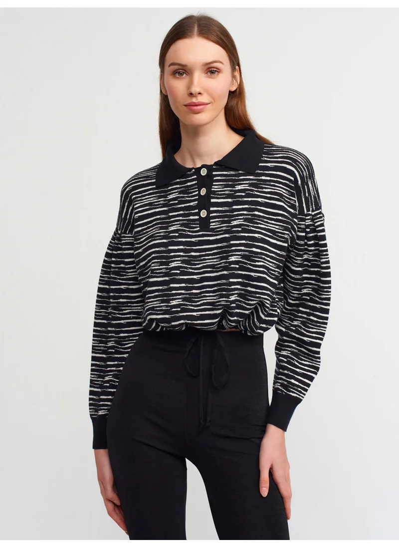 ديلفين 10318 Polo Collar Buttoned Sweater-Black-N.