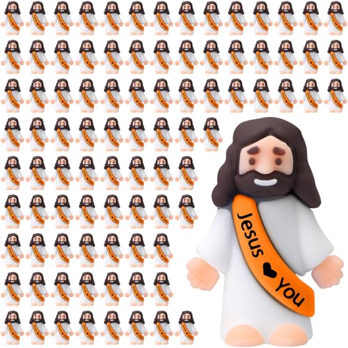 Bememo 100 Pcs Little Jesus Figures Jesus Loves You Original Design Pocket Rubber Little Figures to Hide and Seek Sunday Religious Party Share Easter GiftsOrange - Image 1