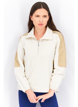 Women Graphic Printed Long Sleeve Half Zip Jacket, Cream