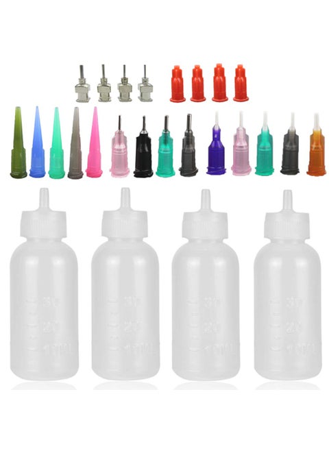 Xmasir Jagua Henna Applicator Bottles Kit for Tattoo Body Paint,Multi Purpose Precision Applicator Set 4 Pcs 1 Oz. Henna Bottle with 4 Pcs Caps 16 Pcs Needle Tips Sizes