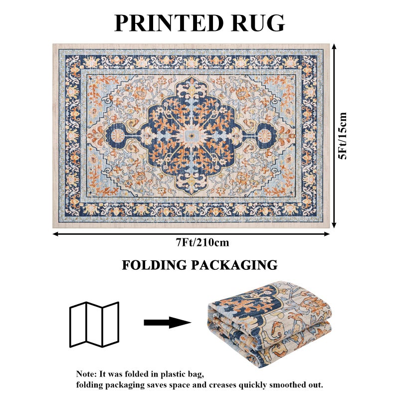 U'Artlines Boho Vintage Area Rug 5x7 Machine Washable Low Pile Soft Floor Carpet Non Slip Non Shedding Accent Rug for Living Room Bedroom Entryway Dining Room Office Orangeï¼†Blue - Image 2