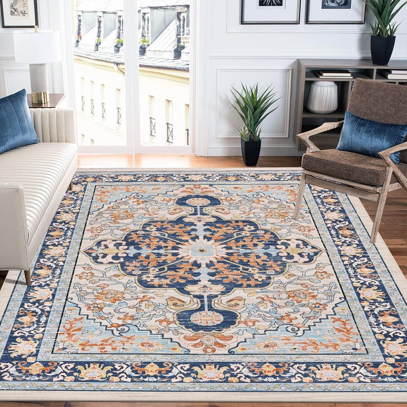 U'Artlines Boho Vintage Area Rug 5x7 Machine Washable Low Pile Soft Floor Carpet Non Slip Non Shedding Accent Rug for Living Room Bedroom Entryway Dining Room Office Orangeï¼†Blue - Image 4