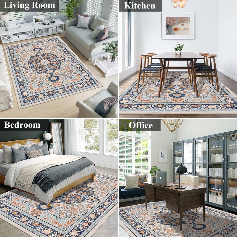 U'Artlines Boho Vintage Area Rug 5x7 Machine Washable Low Pile Soft Floor Carpet Non Slip Non Shedding Accent Rug for Living Room Bedroom Entryway Dining Room Office Orangeï¼†Blue - Image 5
