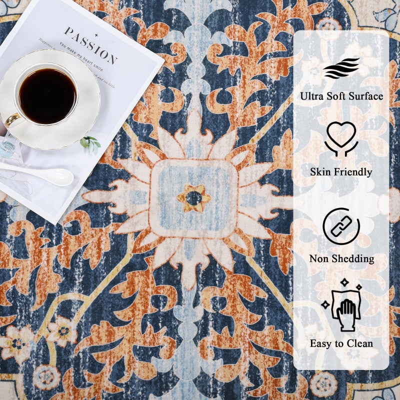 U'Artlines Boho Vintage Area Rug 5x7 Machine Washable Low Pile Soft Floor Carpet Non Slip Non Shedding Accent Rug for Living Room Bedroom Entryway Dining Room Office Orangeï¼†Blue - Image 3