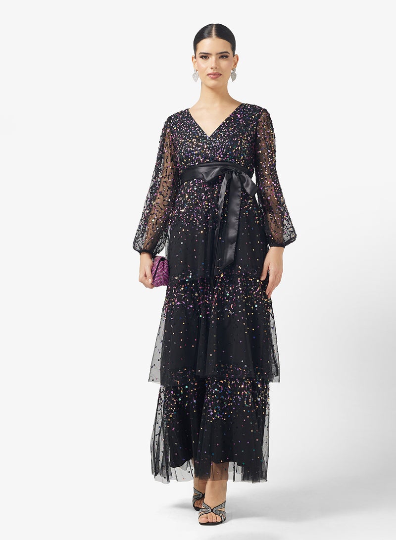 Amelia Rose V-Neck Ruffle Sequin Tiered Maxi Dress - Image 1