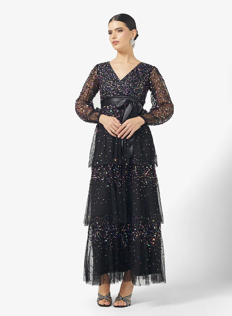 اميليا روز V-Neck Ruffle Sequin Tiered Maxi Dress