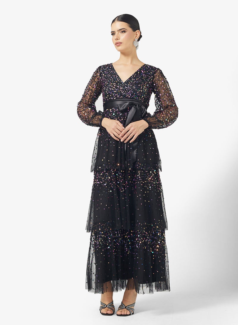 Amelia Rose V-Neck Ruffle Sequin Tiered Maxi Dress - Image 4