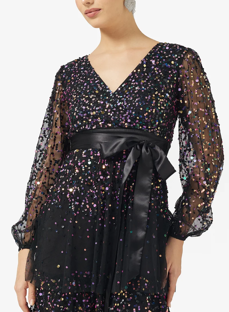 اميليا روز V-Neck Ruffle Sequin Tiered Maxi Dress