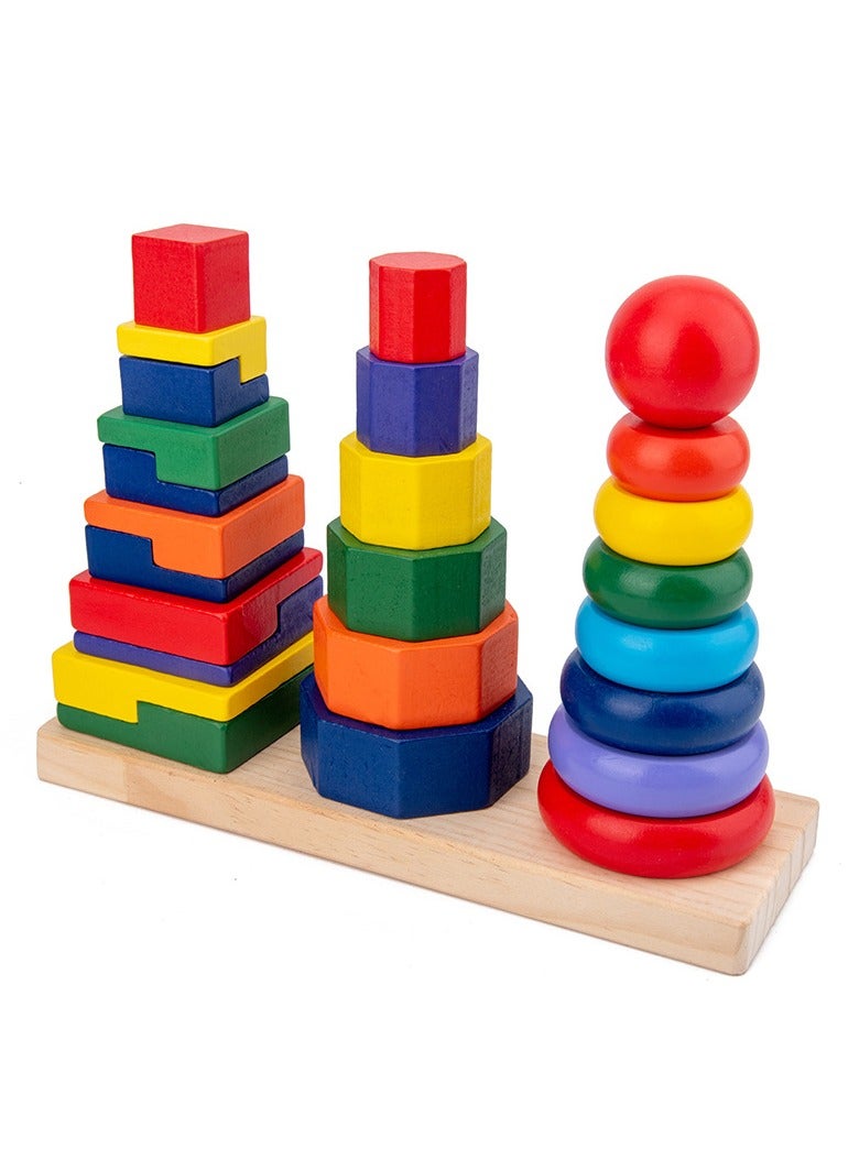 3-in-1 Montessori Wooden Stacking Puzzle Toy for Toddlers - Shape Sorter, Ring Stacker & Size Sorting Activity - Indoor Outdoor Learning Toy for Fine Motor Skills, Baby Toy 1 Year+ Educational Gift - Image 1