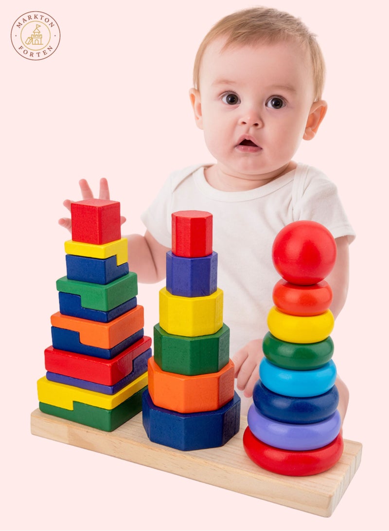 3-in-1 Montessori Wooden Stacking Puzzle Toy for Toddlers - Shape Sorter, Ring Stacker & Size Sorting Activity - Indoor Outdoor Learning Toy for Fine Motor Skills, Baby Toy 1 Year+ Educational Gift - Image 2