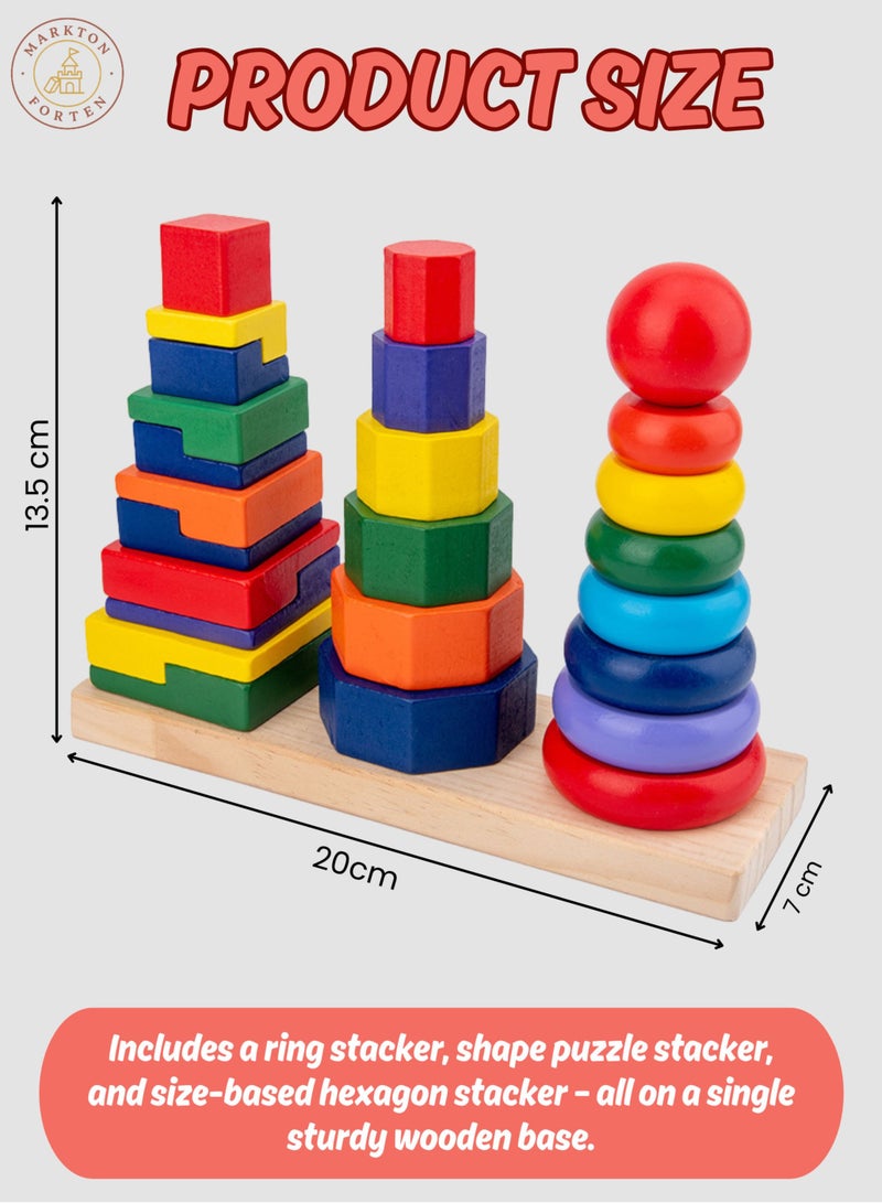 3-in-1 Montessori Wooden Stacking Puzzle Toy for Toddlers - Shape Sorter, Ring Stacker & Size Sorting Activity - Indoor Outdoor Learning Toy for Fine Motor Skills, Baby Toy 1 Year+ Educational Gift - Image 5