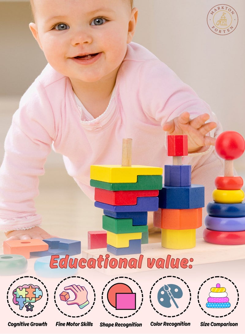 3-in-1 Montessori Wooden Stacking Puzzle Toy for Toddlers - Shape Sorter, Ring Stacker & Size Sorting Activity - Indoor Outdoor Learning Toy for Fine Motor Skills, Baby Toy 1 Year+ Educational Gift - Image 4