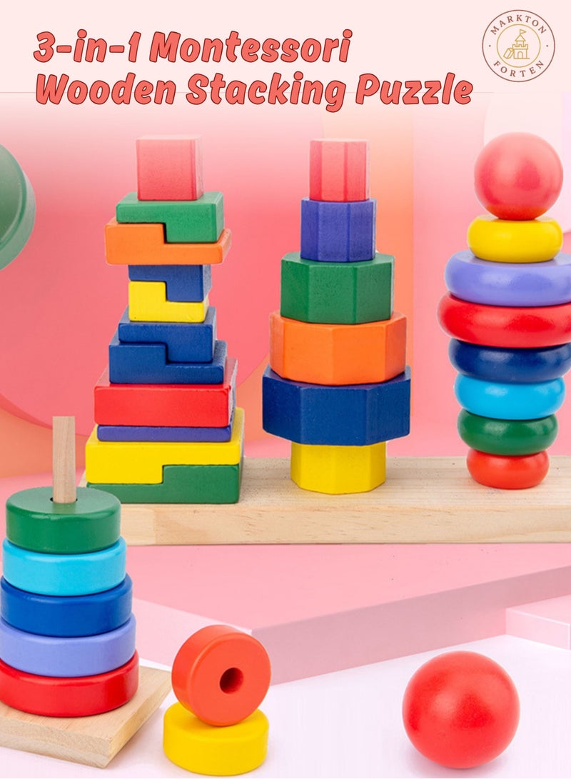 3-in-1 Montessori Wooden Stacking Puzzle Toy for Toddlers - Shape Sorter, Ring Stacker & Size Sorting Activity - Indoor Outdoor Learning Toy for Fine Motor Skills, Baby Toy 1 Year+ Educational Gift - Image 3