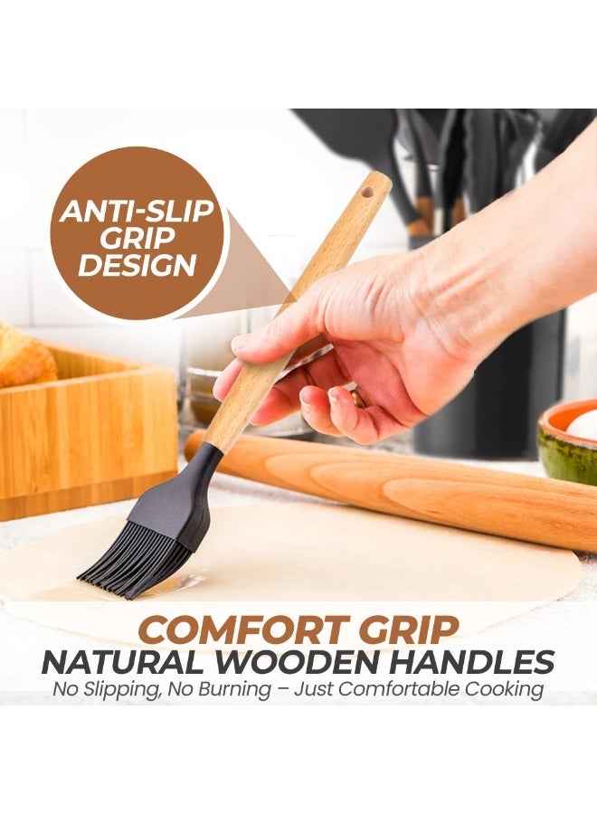 DeMooster SAY SOMETHING Utensil Set (12 Pieces) for Kitchen with Holder Non-Stick Cooking Silicone Utensil Set with Wooden Handles, BPA-Free Food-Grade Kitchen Gadgets Tools for Nonstick Cookware - Image 5