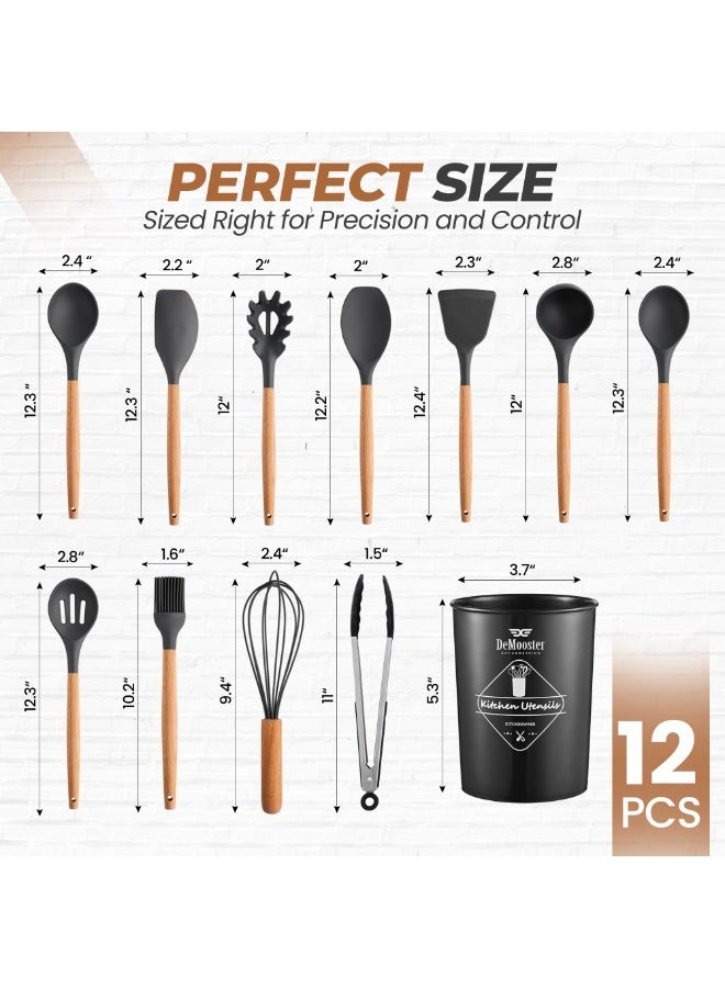 DeMooster SAY SOMETHING Utensil Set (12 Pieces) for Kitchen with Holder Non-Stick Cooking Silicone Utensil Set with Wooden Handles, BPA-Free Food-Grade Kitchen Gadgets Tools for Nonstick Cookware - Image 2