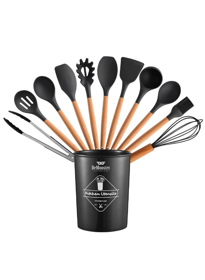 DeMooster SAY SOMETHING Utensil Set (12 Pieces) for Kitchen with Holder Non-Stick Cooking Silicone Utensil Set with Wooden Handles, BPA-Free Food-Grade Kitchen Gadgets Tools for Nonstick Cookware - Image 1