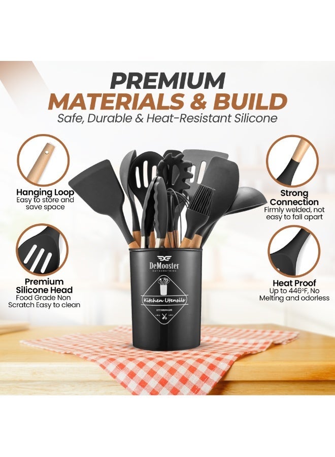 DeMooster SAY SOMETHING Utensil Set (12 Pieces) for Kitchen with Holder Non-Stick Cooking Silicone Utensil Set with Wooden Handles, BPA-Free Food-Grade Kitchen Gadgets Tools for Nonstick Cookware - Image 3