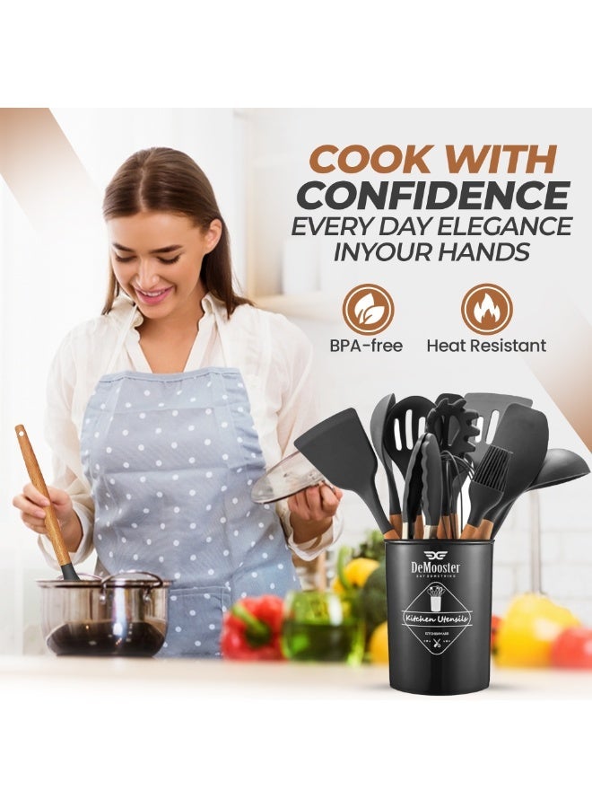 DeMooster SAY SOMETHING Utensil Set (12 Pieces) for Kitchen with Holder Non-Stick Cooking Silicone Utensil Set with Wooden Handles, BPA-Free Food-Grade Kitchen Gadgets Tools for Nonstick Cookware - Image 4