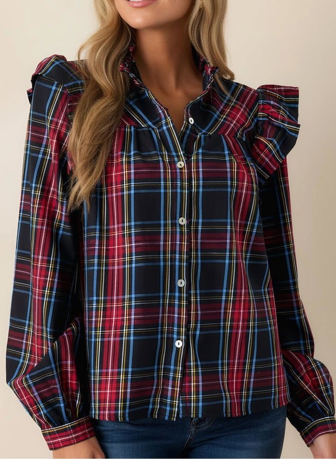 LifeShe Plaid Shirts for Women Ruffle Button Down Shirts Puff Long Sleeves Blouses Collared Casual Tops Blue - Image 3