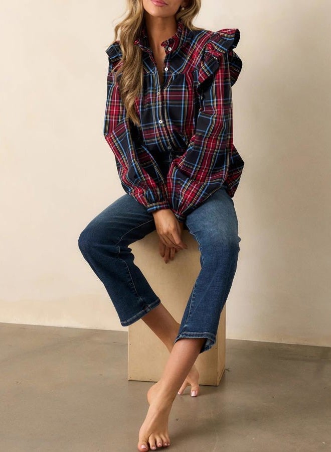 LifeShe Plaid Shirts for Women Ruffle Button Down Shirts Puff Long Sleeves Blouses Collared Casual Tops Blue - Image 5