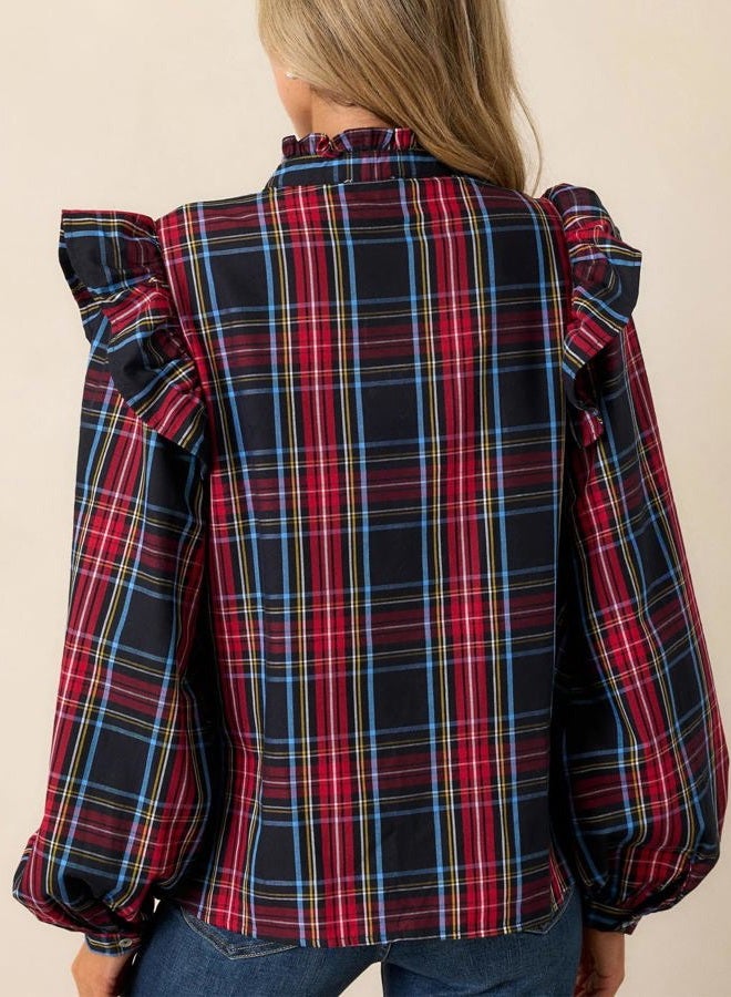 LifeShe Plaid Shirts for Women Ruffle Button Down Shirts Puff Long Sleeves Blouses Collared Casual Tops Blue - Image 2
