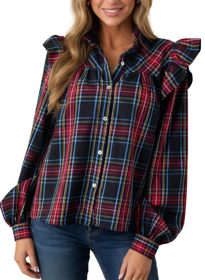 LifeShe Plaid Shirts for Women Ruffle Button Down Shirts Puff Long Sleeves Blouses Collared Casual Tops Blue - Image 1