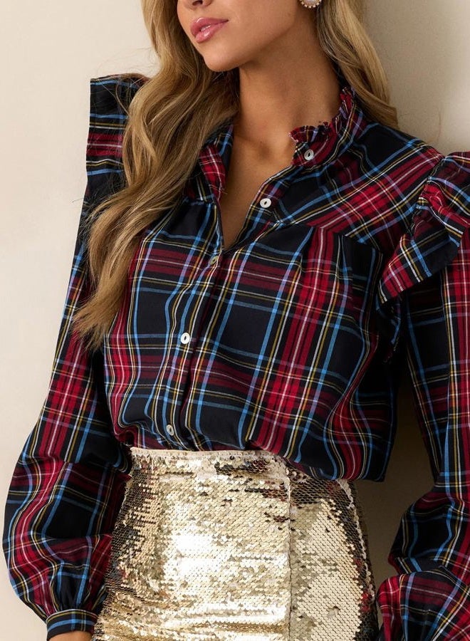 LifeShe Plaid Shirts for Women Ruffle Button Down Shirts Puff Long Sleeves Blouses Collared Casual Tops Blue - Image 4