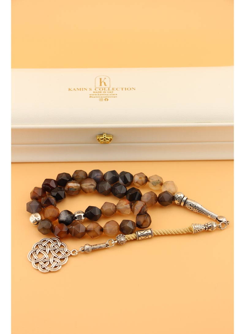 Kamins Collection Elegant Agate Prayer Beads (Tasbih) – Handmade with Hexagonal Cut Stones & Arab Style Tassel / 10mm - Image 1