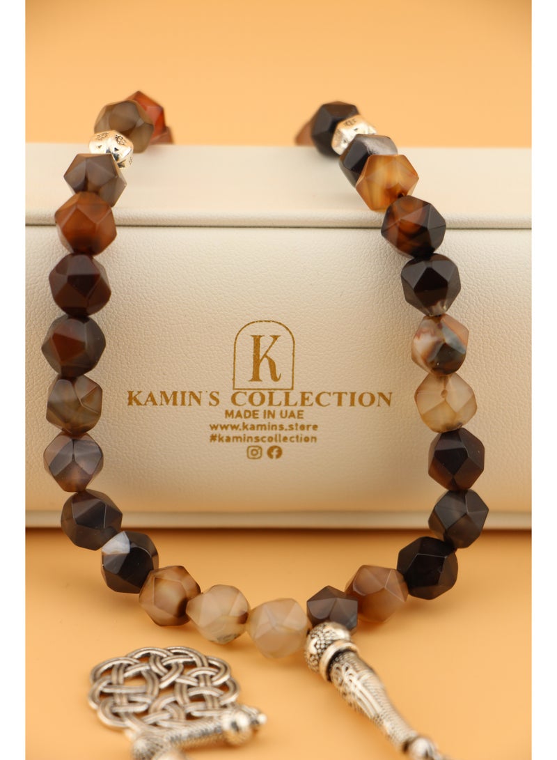 Kamins Collection Elegant Agate Prayer Beads (Tasbih) – Handmade with Hexagonal Cut Stones & Arab Style Tassel / 10mm - Image 3