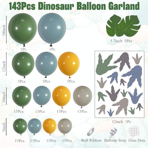 Ceeulvu Dinosaur Balloon Arch Kit 144pcs Dusty Blue Sage Green Yellow Latex Balloons with Footprint Stickers Monstera Leaves for Boys Three Rex Birthday Baby Shower - Image 5