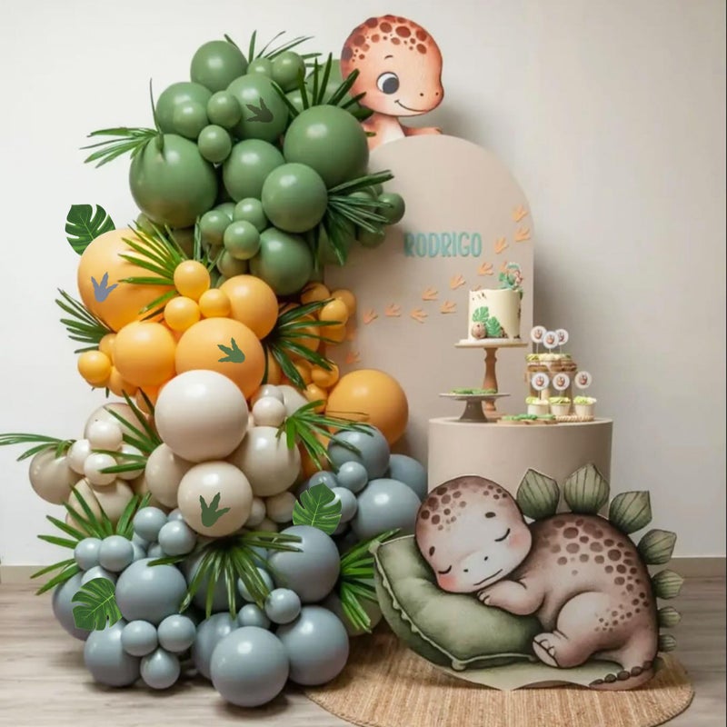 Ceeulvu Dinosaur Balloon Arch Kit 144pcs Dusty Blue Sage Green Yellow Latex Balloons with Footprint Stickers Monstera Leaves for Boys Three Rex Birthday Baby Shower - Image 3