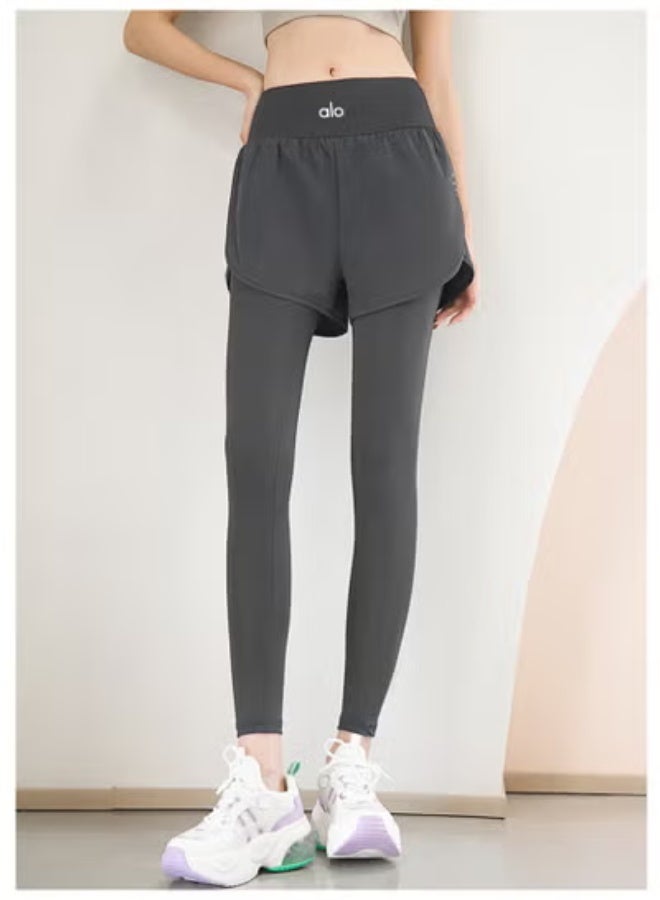 Alo World pants autumn and winter fitness pants, high waist, hips, tight abdomen, running training, wearing fake two-piece sweatpants. - Image 1