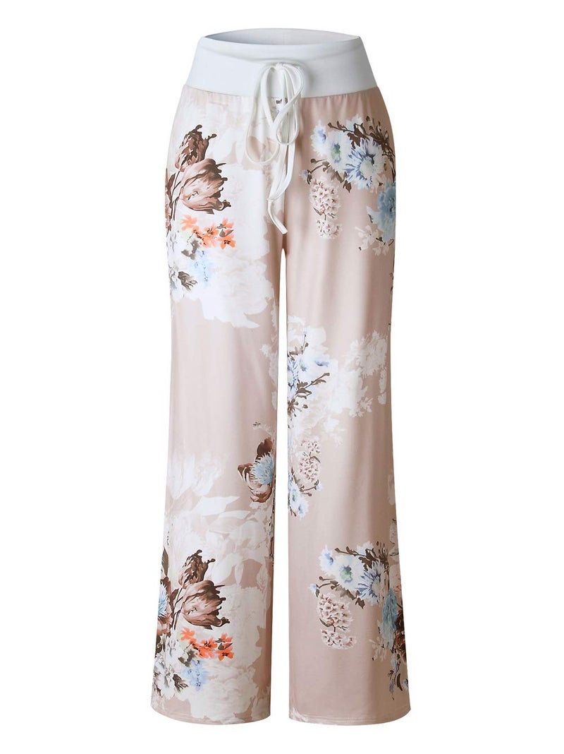 iChunhua Women's Pajama Comfy Floral Print Lounge Drawstring Palazzo Long Wide Leg Pants L Grey - Image 3