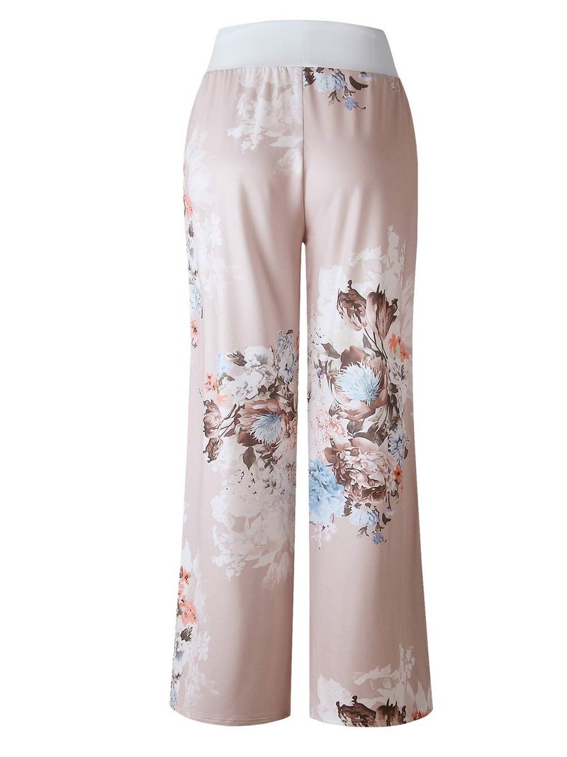 iChunhua Women's Pajama Comfy Floral Print Lounge Drawstring Palazzo Long Wide Leg Pants L Grey - Image 4