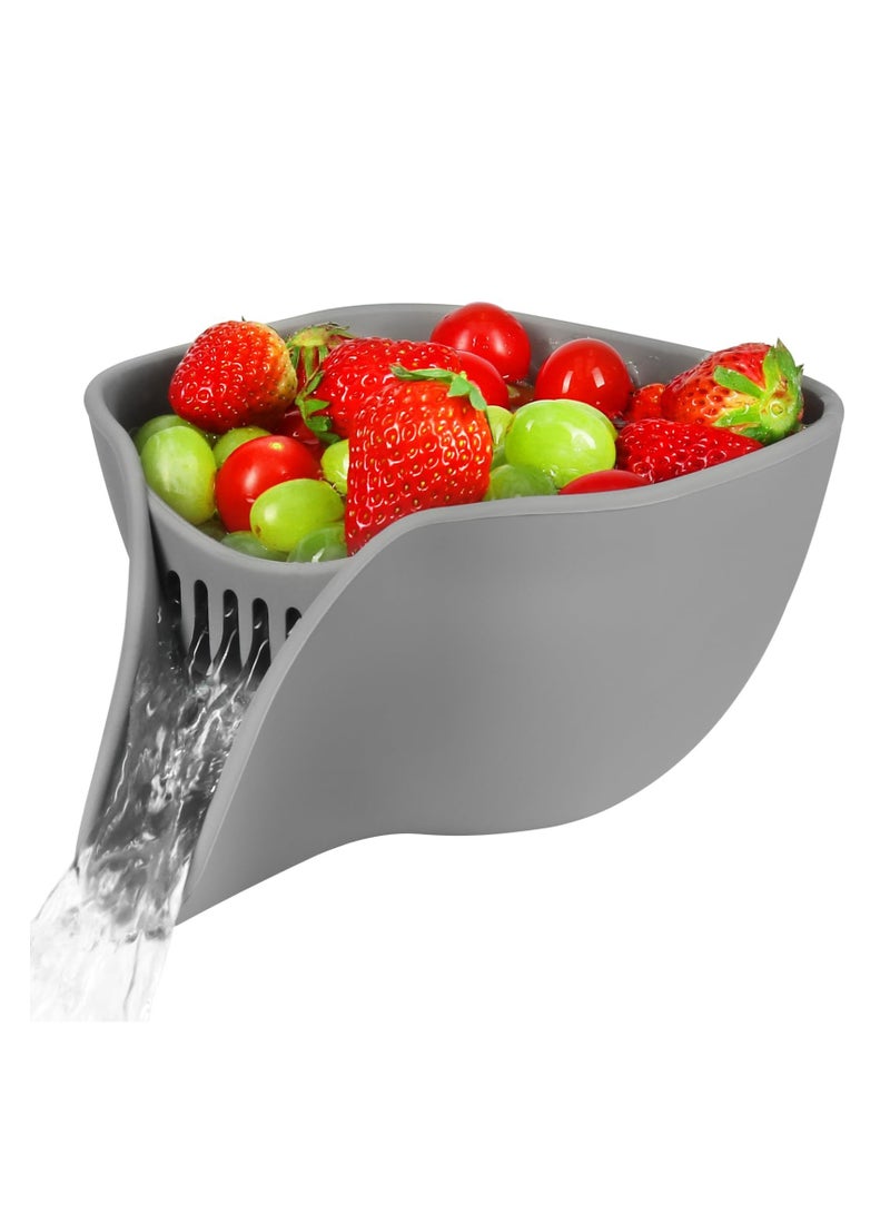 سلة مصفاة للمغسلة متعددة الاستخدامات، تحتوي على مرشح مياه، وطبق مصفاة صغير، وسلة مصفاة من السيليكون مع نافورة لغسل الفواكه والخضروات والسلطات. - Image 1