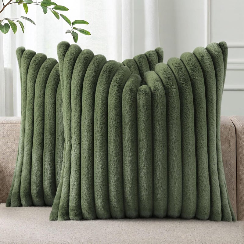 Pallene Faux Fur Plush Throw Pillow Covers 18x18 Set of 2, Luxury Soft Fluffy Striped Decorative Pillow Covers for Sofa, Couch, Living Room, Olive Green - Image 1