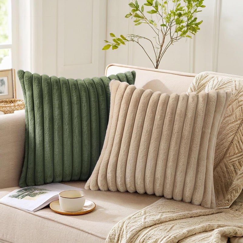 Pallene Faux Fur Plush Throw Pillow Covers 18x18 Set of 2, Luxury Soft Fluffy Striped Decorative Pillow Covers for Sofa, Couch, Living Room, Olive Green - Image 5
