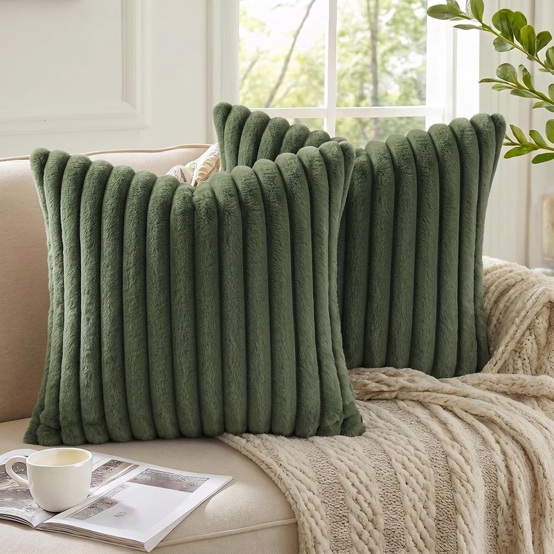 Pallene Faux Fur Plush Throw Pillow Covers 18x18 Set of 2, Luxury Soft Fluffy Striped Decorative Pillow Covers for Sofa, Couch, Living Room, Olive Green - Image 4