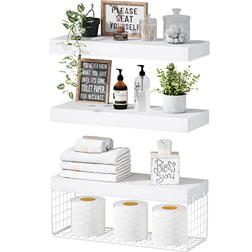 QEEIG Bathroom Shelves Over Toilet  Wall Mounted Floating Shelves Toilet Paper Storage Small Farmhouse Decor Shelf 16 inch Set of 3 White 019W3