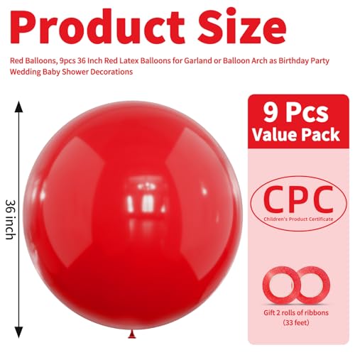 LEEZZIZZ Red Giant Balloons 36 Inch Large Latex Balloons 9 Pcs Jumbo Balloons Bluk for Kids Party Wedding Birthday Supply Decorations - Image 5