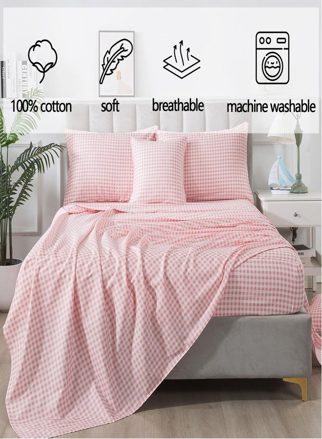 FADFAY Pink Plaid Queen Size Sheets 100% Cotton Geometric Checker Bedding Teens Grid White Gingham Pattern College Bedding Deep Pocket Sheets with 2 Pillowcases Ultra Soft 4pcs, Queen Size - Image 2