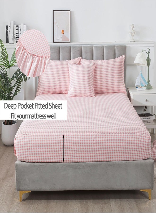FADFAY Pink Plaid Queen Size Sheets 100% Cotton Geometric Checker Bedding Teens Grid White Gingham Pattern College Bedding Deep Pocket Sheets with 2 Pillowcases Ultra Soft 4pcs, Queen Size - Image 3