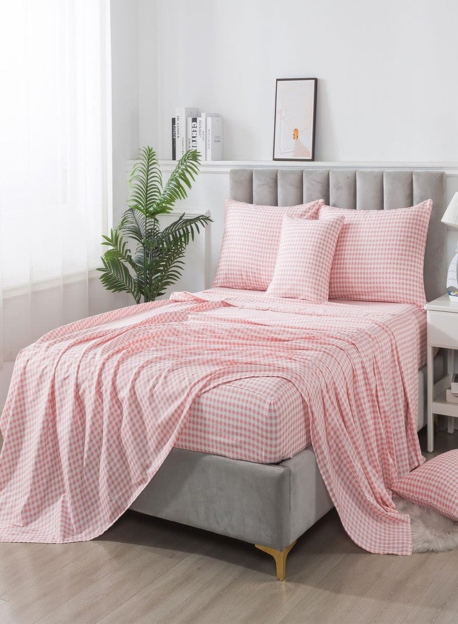 FADFAY Pink Plaid Queen Size Sheets 100% Cotton Geometric Checker Bedding Teens Grid White Gingham Pattern College Bedding Deep Pocket Sheets with 2 Pillowcases Ultra Soft 4pcs, Queen Size - Image 4
