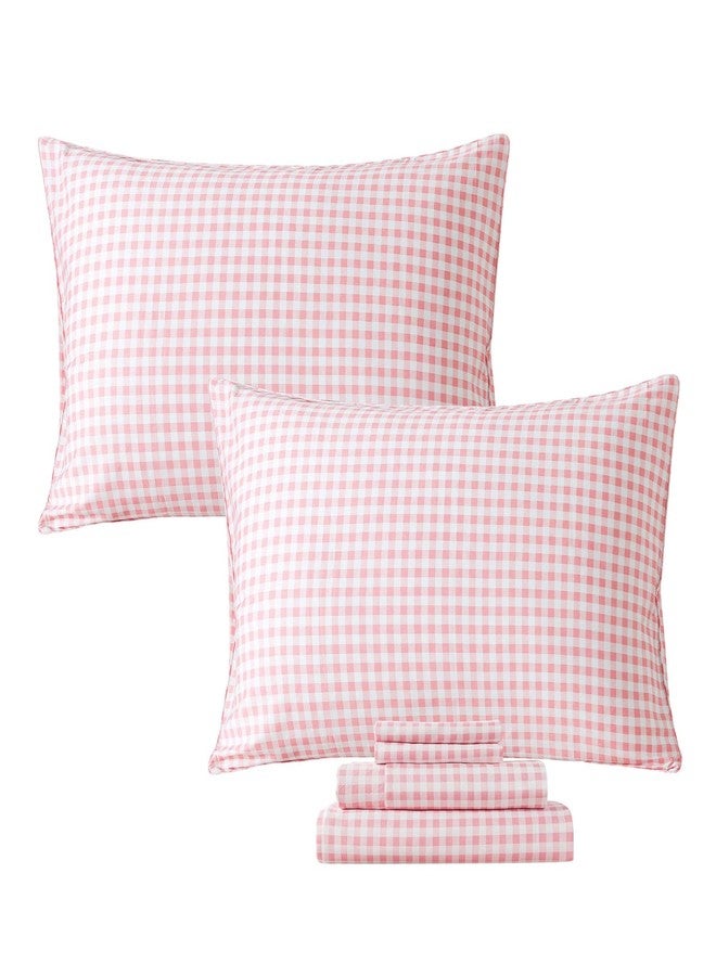 FADFAY Pink Plaid Queen Size Sheets 100% Cotton Geometric Checker Bedding Teens Grid White Gingham Pattern College Bedding Deep Pocket Sheets with 2 Pillowcases Ultra Soft 4pcs, Queen Size - Image 1