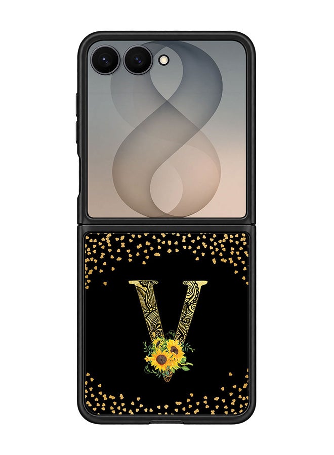 Stylizedd Rugged Case for Samsung Galaxy Z Flip8- Slim Fit Hybrid Rubber Cover Sunflower Monogram - V (Black)