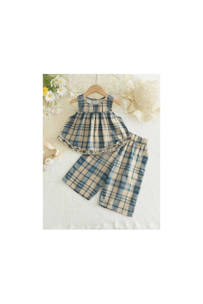 Shein Cute Sleeveless Cross Top with Ruffle Hem and Wide Leg Pants Set for Little Girls - Image 1