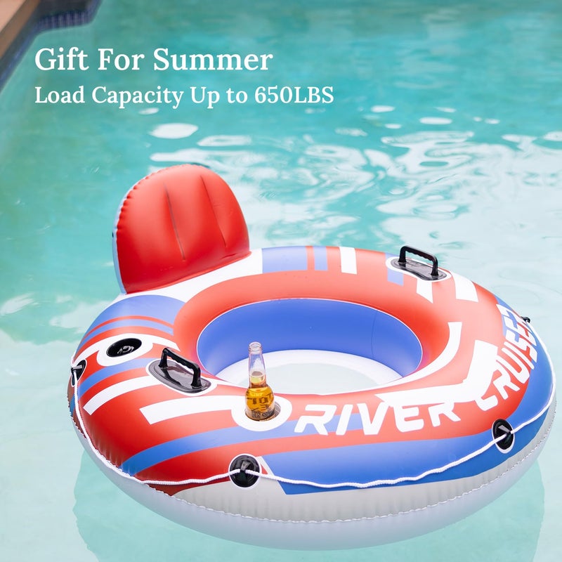 Sunrio 2-Pack River Tubes for Floating Heavy Duty Inflatable Floating Lounger Premium River Water Rafts Pool Float with Cup Holder Above Lake for Adults Red - Image 3