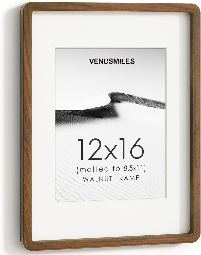Venusmiles إطار صور 12x16 بوصة، خشب جوز طبيعي من الولايات المتحدة، إطار صور مجمّع مع زجاج مقسّى عالي الوضوح، إطار خشبي 12x16 مع حافة داخلية مقاس 8.5x11، تعليق عمودي وأفقي على الحائط - Image 1